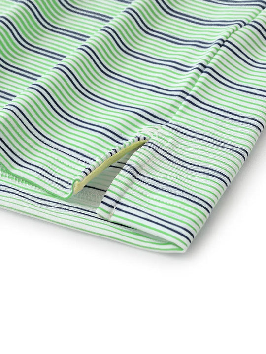 Close-up of side hem slit on Khaki Neutral Grey Stripe Performance Stripe Golf Shirt