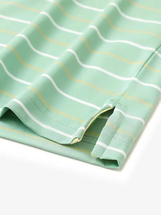 Hem slit detail of LIGHT GREEN STRIPE Kids Stylish Stripe Polo Shirt, highlighting finish and stitching.