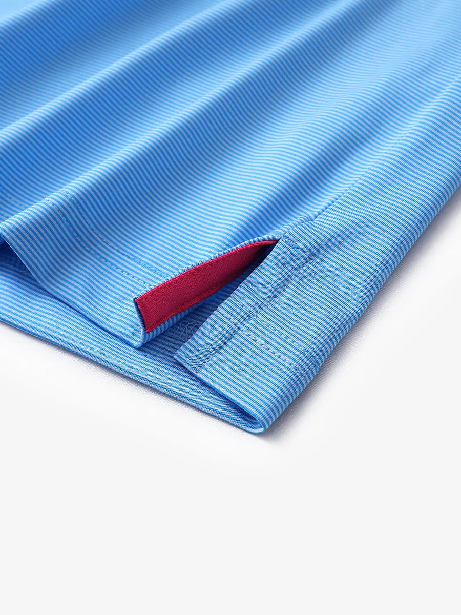 Hem slit detail of SKY BLUE STRIPE Pinstripe Jersey Performance Polo								
