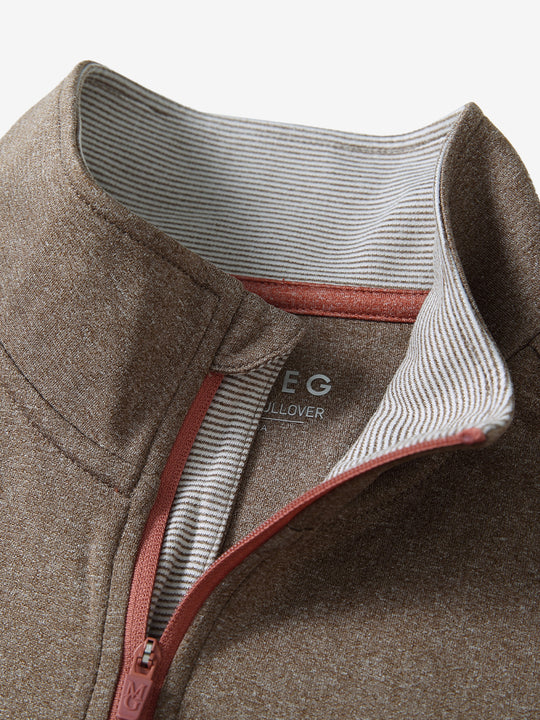 Collar detail close-up of BROWN MELANGE Moisture Wicking Quarter Zip Pullover showing open design.