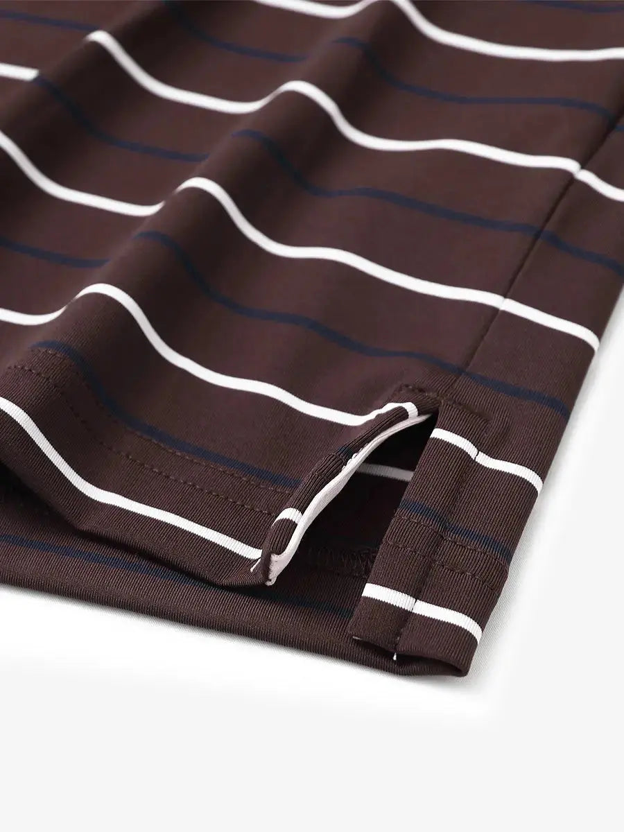 Hem slit detail of BROWN STRIPE Kids Stylish Stripe Polo Shirt, highlighting finish and stitching.