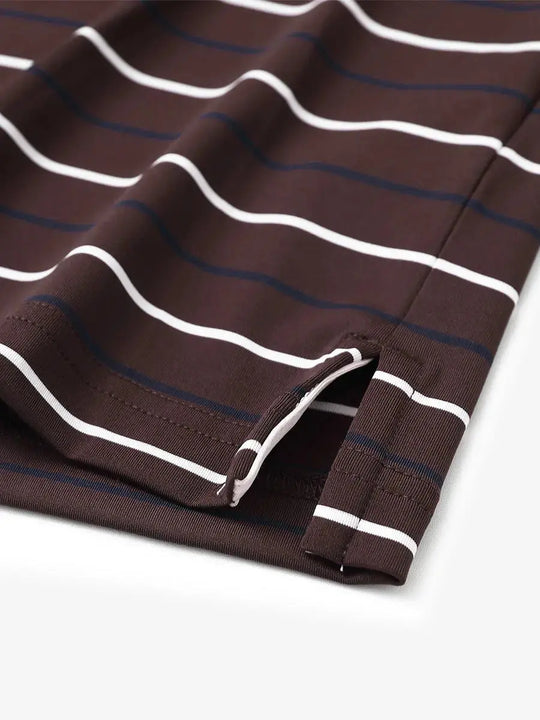 Hem slit detail of BROWN STRIPE Kids Stylish Stripe Polo Shirt, highlighting finish and stitching.