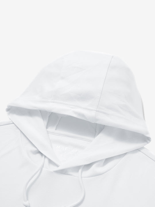 Hood detail of the classic heather pullover hoodie in white, showcasing fabric and stitching.