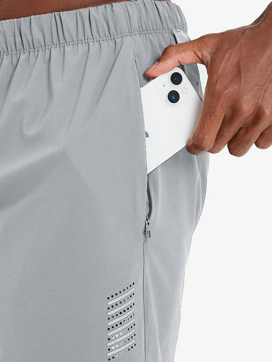 Side pocket detail with iPhone inserted on LIGHT GREY 2 in 1 Running Sports Shorts with Liner