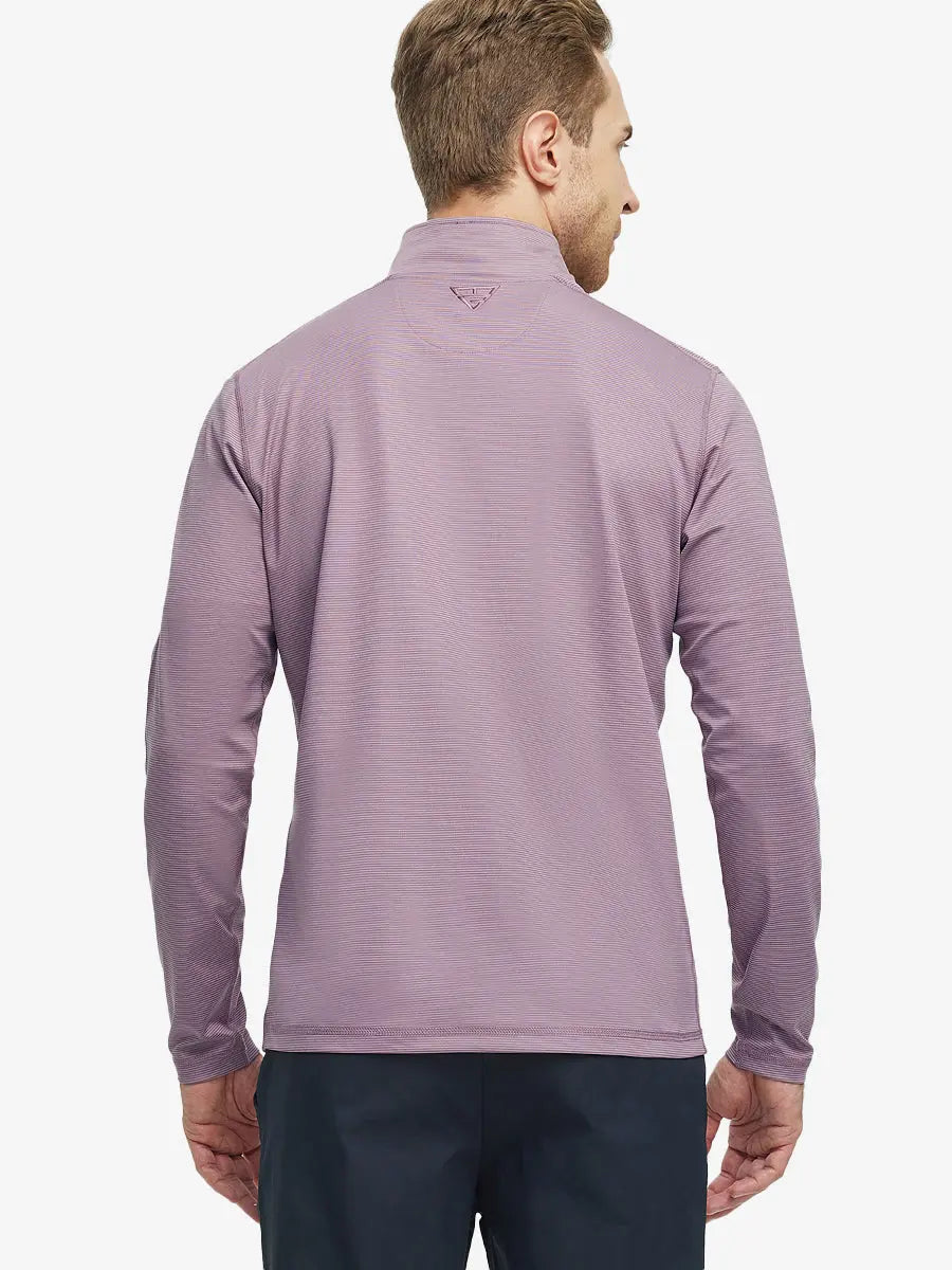 Back half-body view of model in Pinstripe Quarter Zip Pullover, showing back detail – WISTFUL MAUVE MELANGE