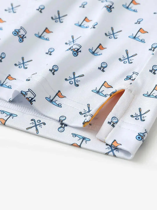 Hem slit detail of MAELREG Performance Jersey Print Polo in White Golf – comfort & movement