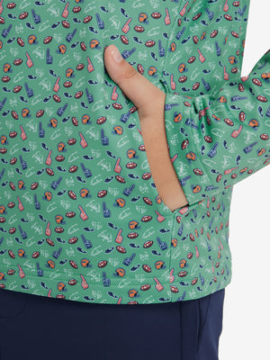 Model with both hands in pockets wearing youth full print stylish hoodies pullover in green rugby.