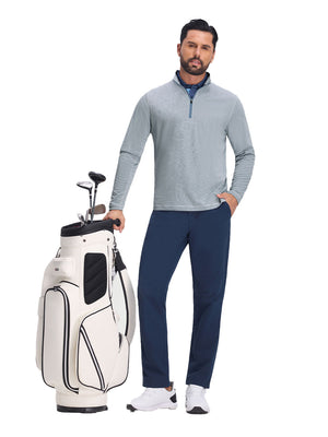 Front full body shot of model exercising in white light blue grid featherweight midlayer quarter zip pullover