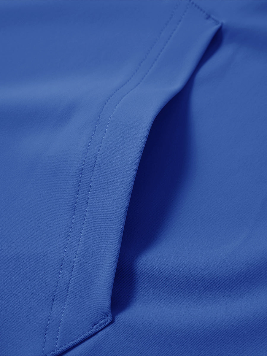 Close-up of single pocket detail on youth long sleeve hoodied with kangaroo pocket in klein blue, showing stitching.
