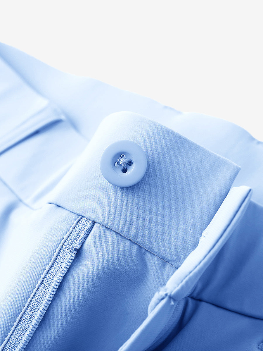 Waist detail of quick dry casual dress pants in light blue, featuring button and zipper design.