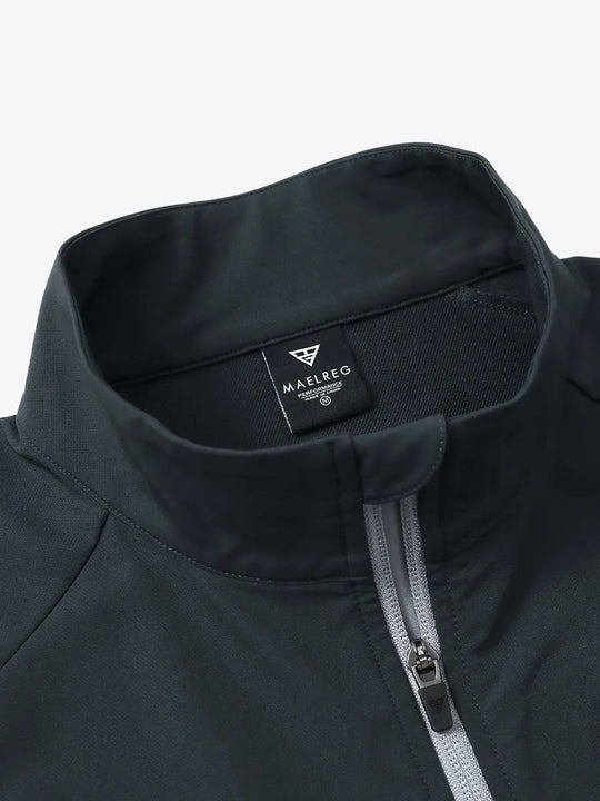 Detail view of the dark grey windproof golf vest, highlighting the collar design and zipper.