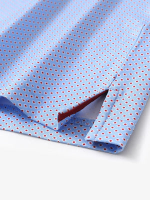 Hem slit detail of MAELREG Performance Jersey Print Polo in Blue Red Diamond – comfort & movement