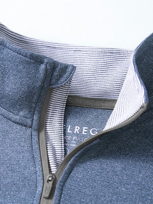 Detail shot of collar opening of saxony blue melange moisture wicking quarter zip pullover