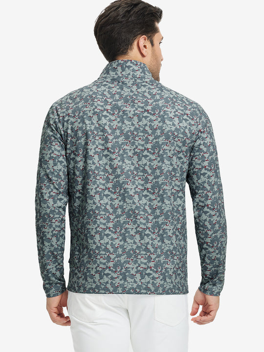 Back upper body angle of the grey/wine camo full print quarter zip pullover, model turns head slightly.
