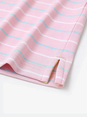 Hem slit detail of LIGHT PINK STRIPE Kids Stylish Stripe Polo Shirt, highlighting finish and stitching.