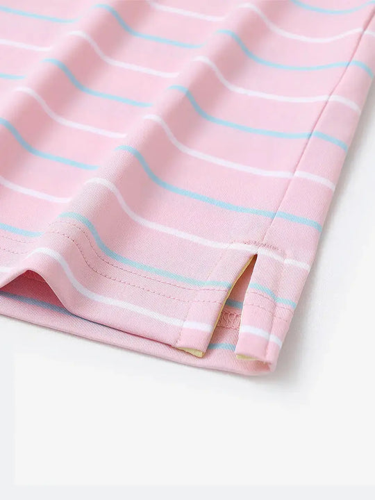 Hem slit detail of LIGHT PINK STRIPE Kids Stylish Stripe Polo Shirt, highlighting finish and stitching.