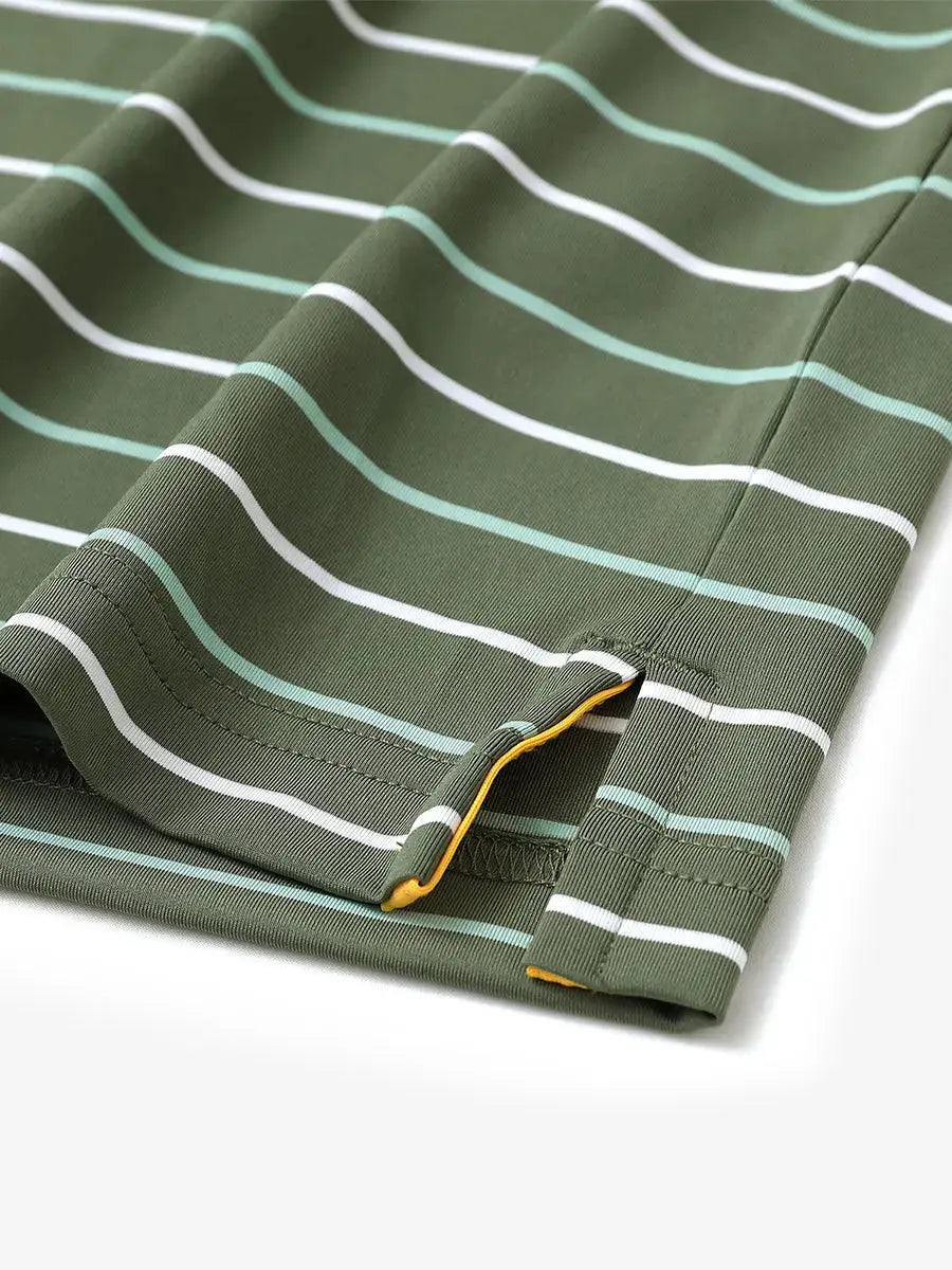 Hem slit detail of OLIVE GREEN STRIPE Kids Stylish Stripe Polo Shirt, highlighting finish and stitching.