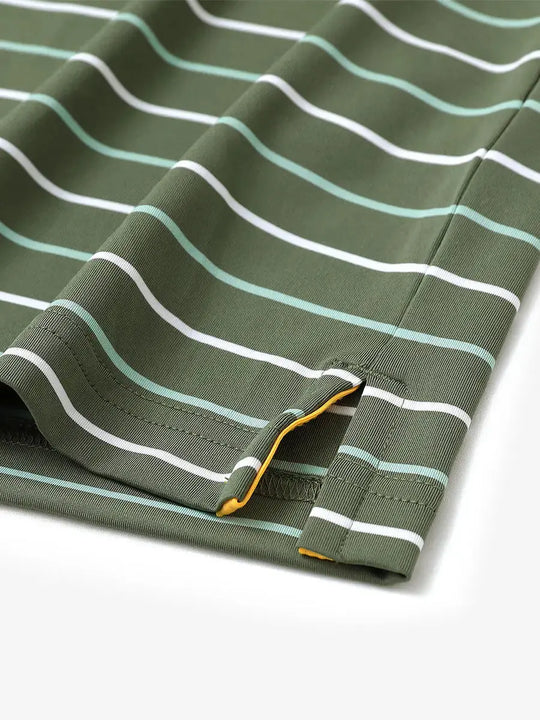Hem slit detail of OLIVE GREEN STRIPE Kids Stylish Stripe Polo Shirt, highlighting finish and stitching.