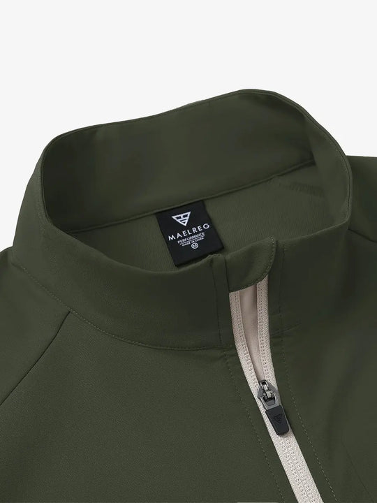 Detail view of the olive green windproof golf vest, emphasizing the collar design and functional zipper.