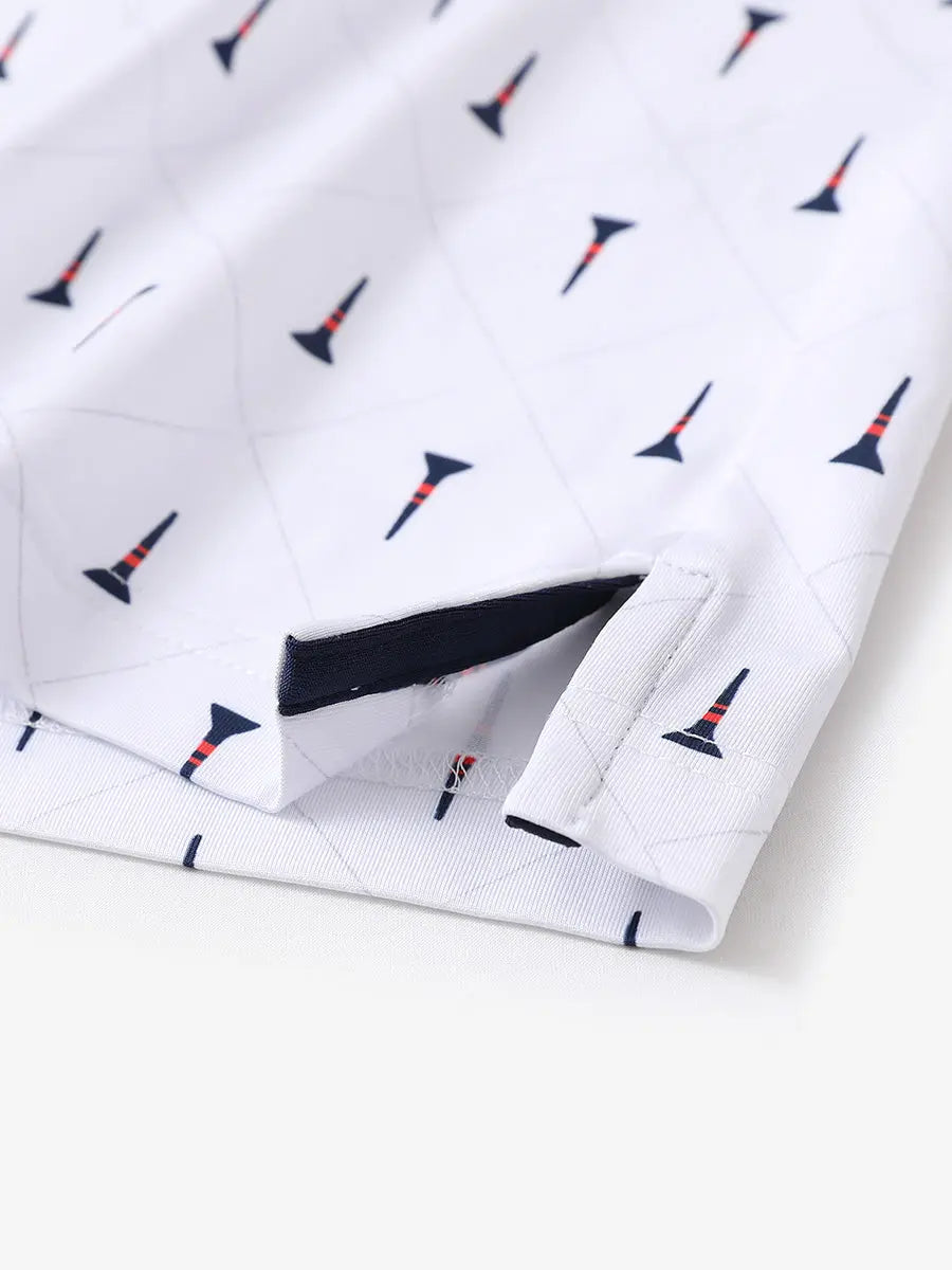 Hem slit detail of MAELREG Performance Jersey Print Polo in Check Golf Tee – comfort & movement