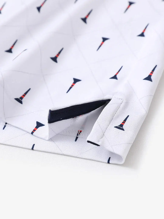 Hem slit detail of MAELREG Performance Jersey Print Polo in Check Golf Tee – comfort & movement
