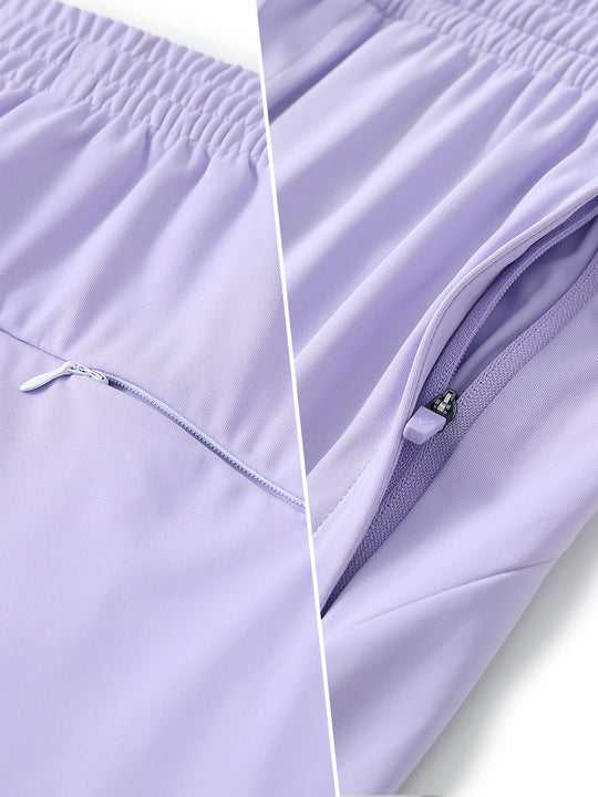 Two-part detail of lightweight women's stretchy joggers sweatpants zippers shown in lavender purple.