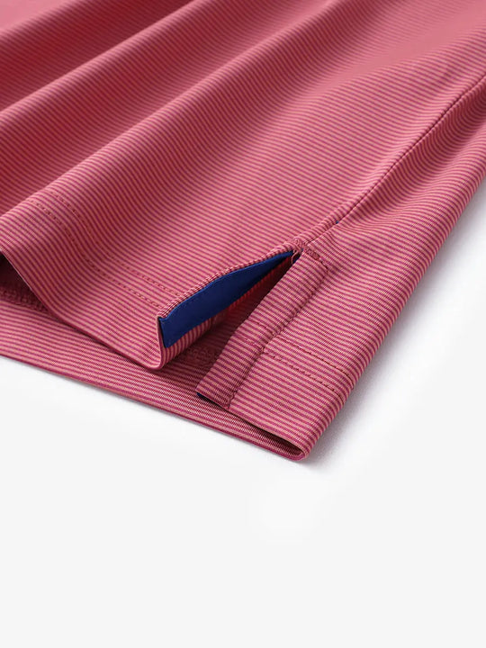 Hem slit detail of ORANGE PURPLE STRIPE Pinstripe Jersey Performance Polo								