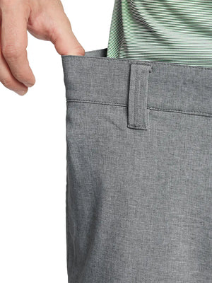 LIGHT GREY 7 Inch Heather Performance Golf Shorts close-up of waistband being stretched to show elasticity