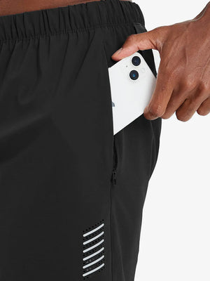 Side pocket detail with iPhone inserted on BLACK 2 in 1 Running Sports Shorts with Liner