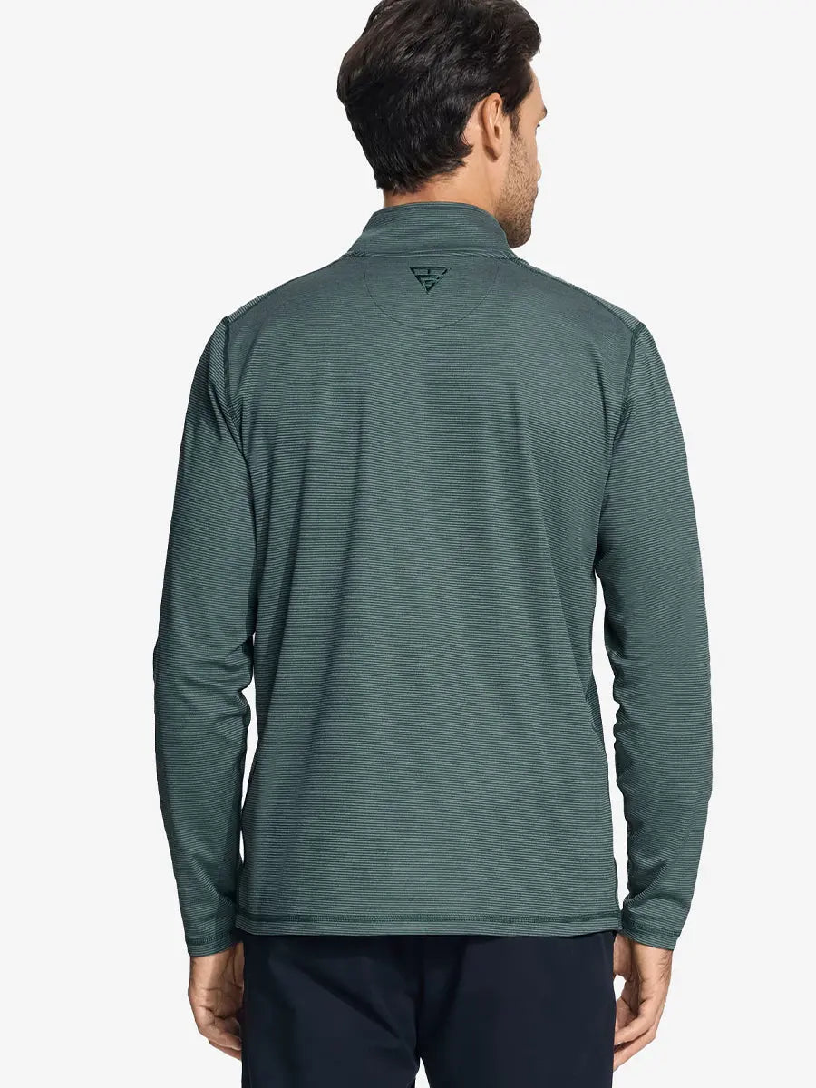 Back half-body view of model in Pinstripe Quarter Zip Pullover, showing back detail – DARK GREEN MELANGE