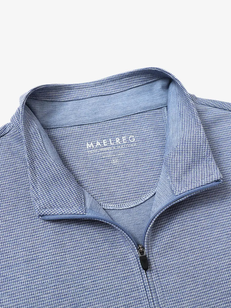 Close-up of collar and interior logo detail on BLUE HOUNDSTOOTH Premium Jacquard Quarter Zip Pullover.								
