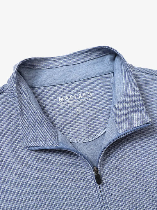 Close-up of collar and interior logo detail on BLUE HOUNDSTOOTH Premium Jacquard Quarter Zip Pullover.								
