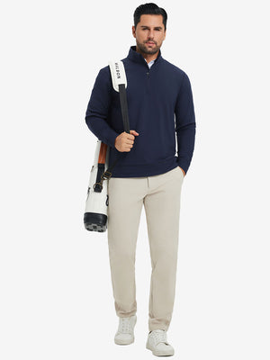 Ultra-Soft Brushed Fleece Lining Quarter Zip Sweatshirt in navy, model carrying tennis bag