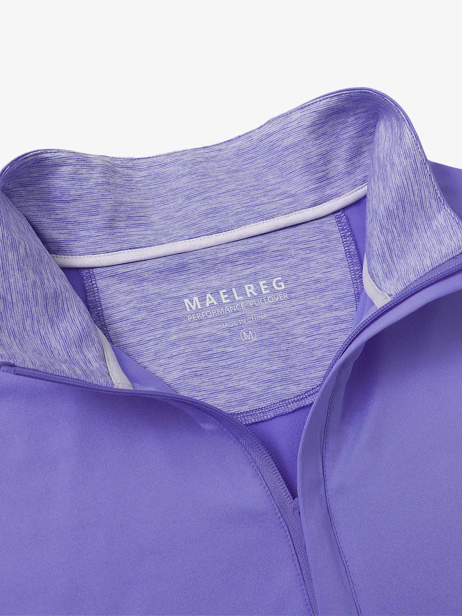 Close-up of collar and interior logo detail on LAVENDER Stretch Solid Fleece Quarter-Zip Vest.								
