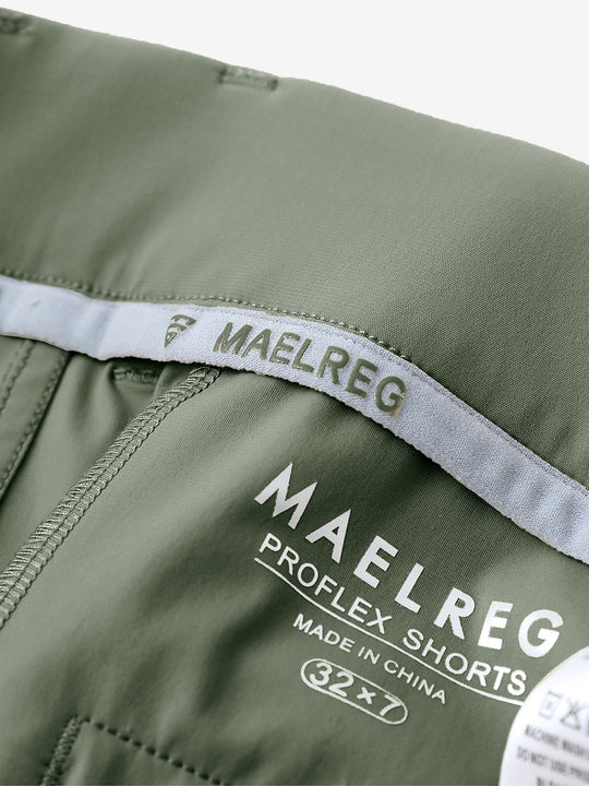 Inside view of Olive Green Quick Dry Casual Shorts, showcasing MAELREG logo label detail.