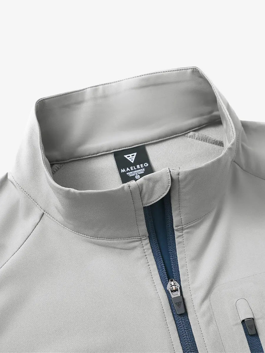 Detail view of the silver gray windproof golf vest, focusing on the collar and zipper detail.