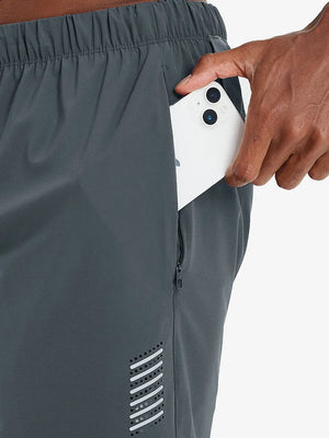 Side pocket detail with iPhone inserted on DARK GREY 2 in 1 Running Sports Shorts with Liner