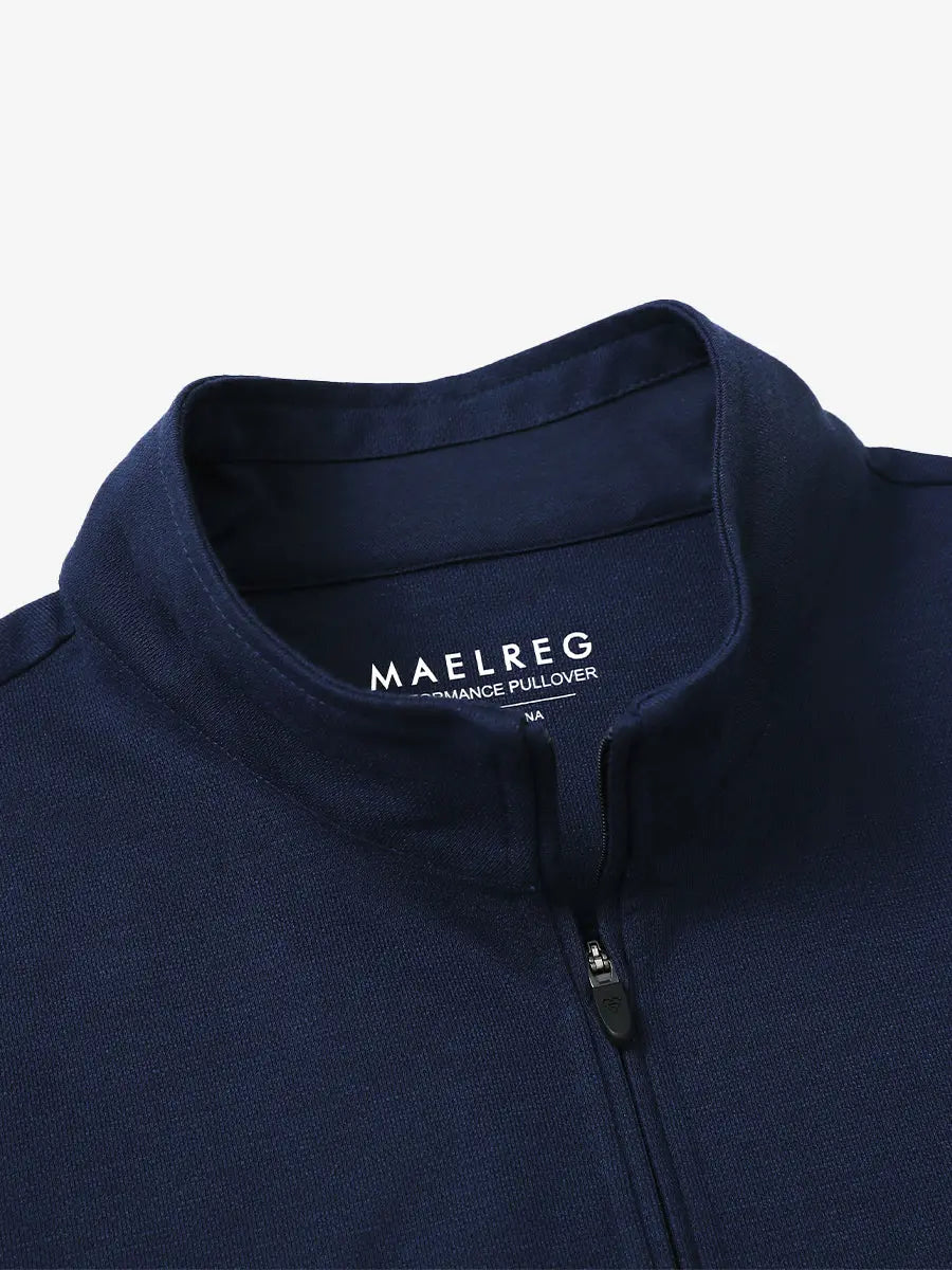 Close-up of collar and interior logo detail on NAVY Premium Jacquard Quarter Zip Pullover.								

