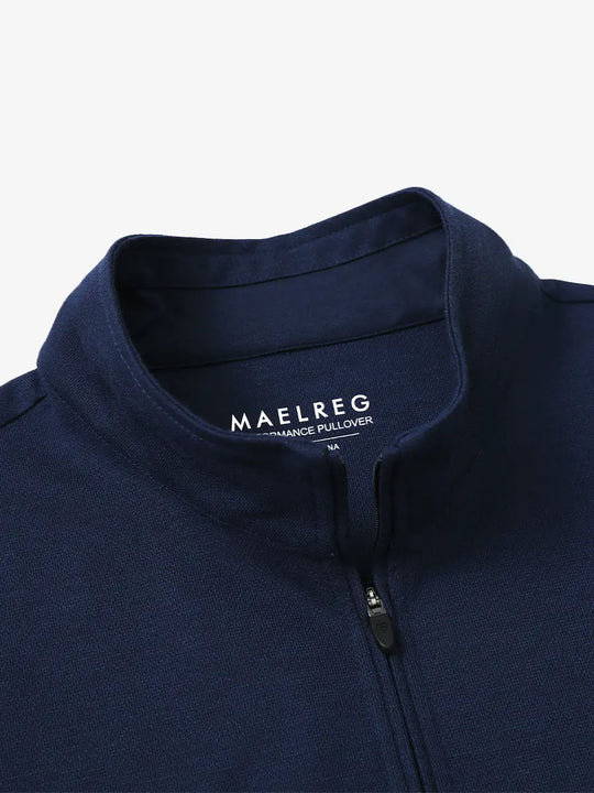 Close-up of collar and interior logo detail on NAVY Premium Jacquard Quarter Zip Pullover.								
