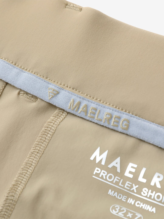 Inside view of Khaki Quick Dry Casual Shorts, showcasing MAELREG logo label detail.