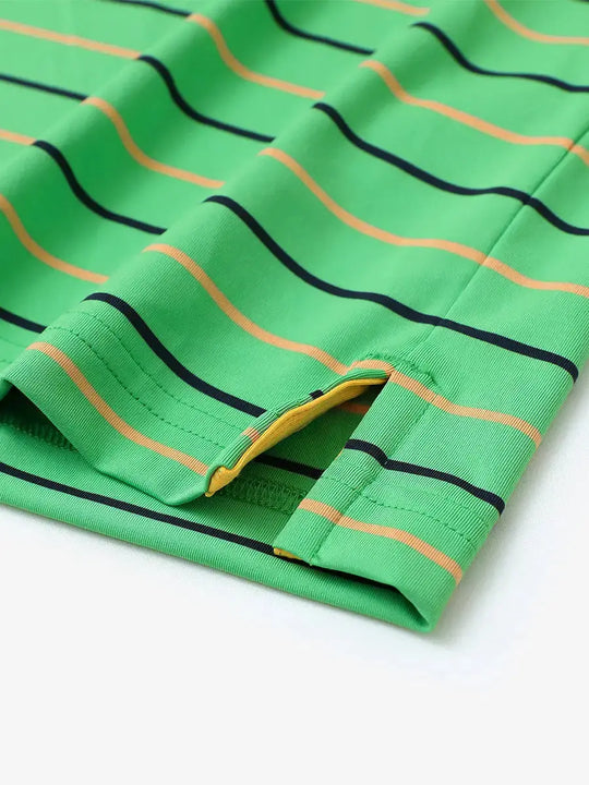 Hem slit detail of GREEN STRIPE Kids Stylish Stripe Polo Shirt, highlighting finish and stitching.