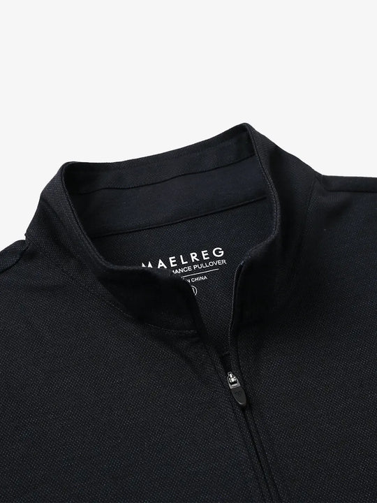 Close-up of collar and interior logo detail on BLACK Premium Jacquard Quarter Zip Pullover.								
