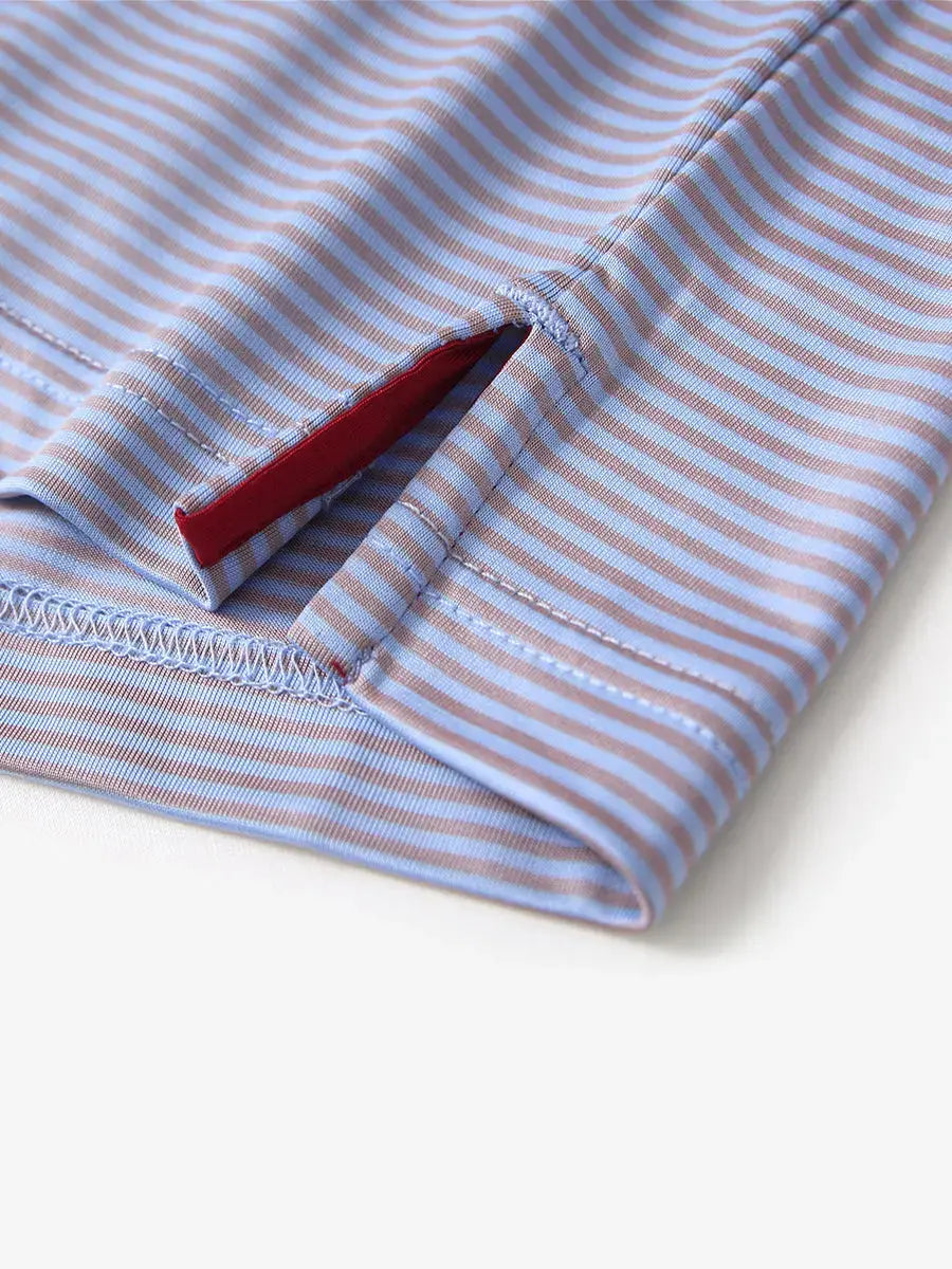 Detailed view of side hem slit on Cooling Stripe Golf Shirt in BLUISHYELLOW STRIPE, showing comfort and design