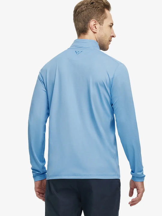 Back half-body view of model in Pinstripe Quarter Zip Pullover, showing back detail – LIGHT BLUE MELANGE