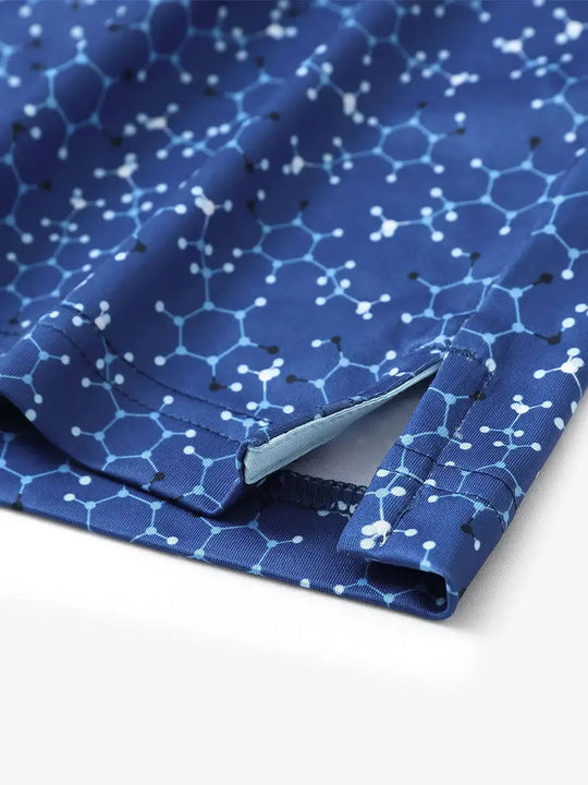 Hem slit detail of MAELREG Performance Jersey Print Polo in Blue Molecular Structure – comfort & movement