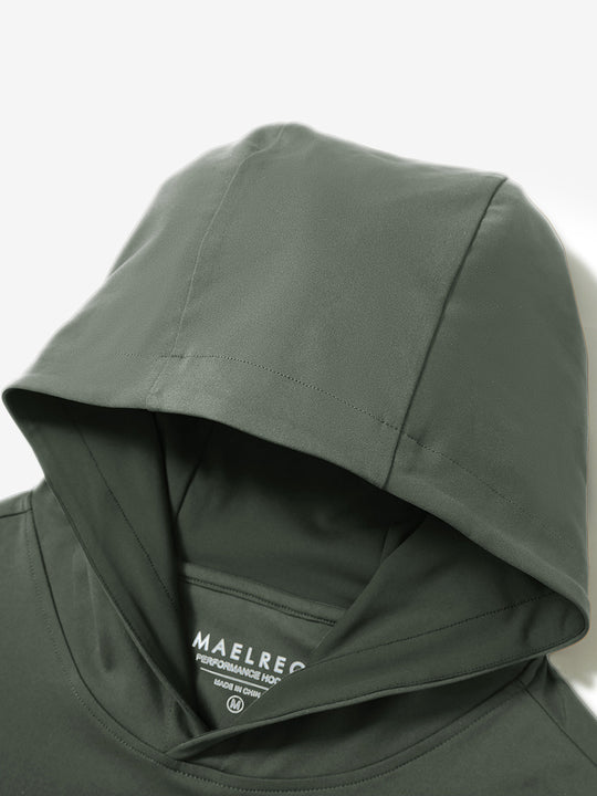 Hood detail of the olive green dry fit stretchy sweatshirts hoodie, showing smooth fabric and neat seams.