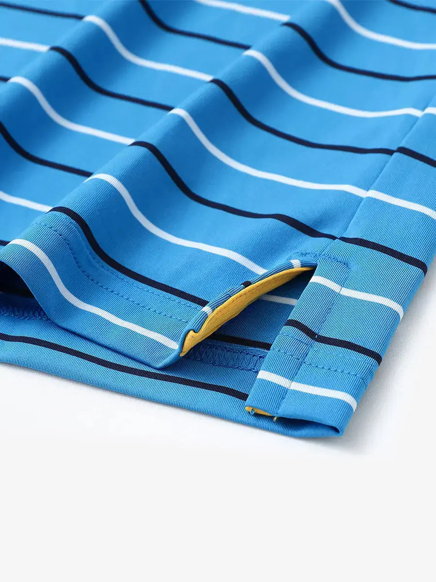 Hem slit detail of CLASSIC BLUE STRIPE Kids Stylish Stripe Polo Shirt, highlighting finish and stitching.
