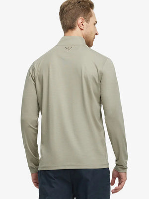 Back half-body view of model in Pinstripe Quarter Zip Pullover, showing back detail – DARK KHAKI MELANGE