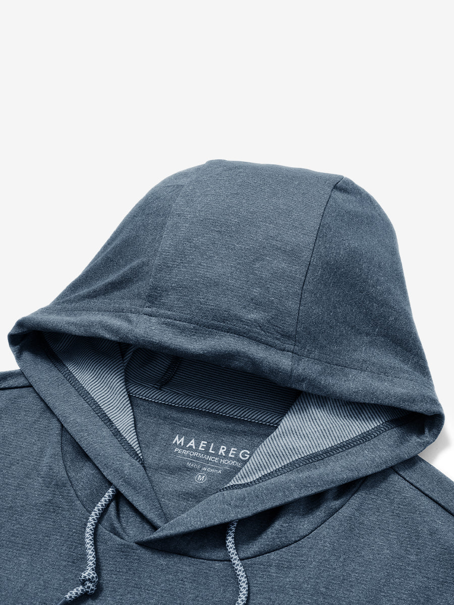 Hood detail of the classic heather pullover hoodie in navy melange, showcasing fabric and stitching.