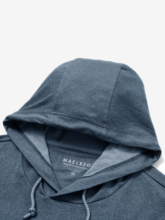 Hood detail of the classic heather pullover hoodie in navy melange, showcasing fabric and stitching.